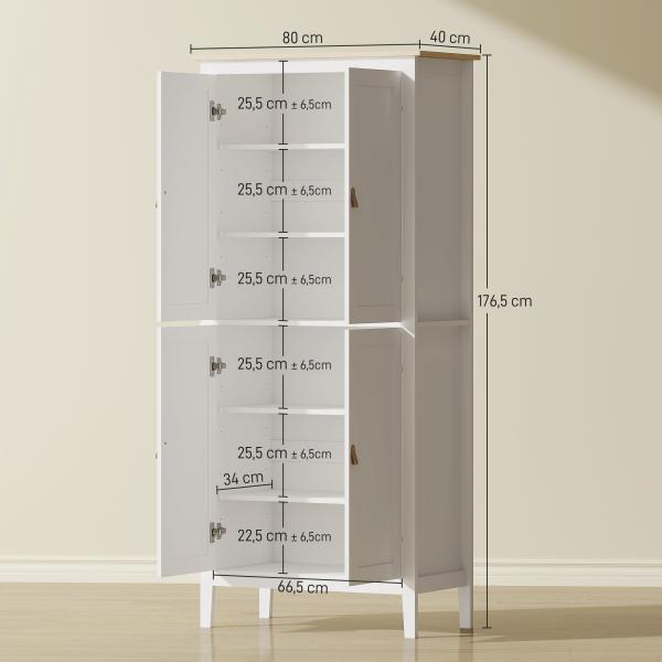 Armário de Cozinha com Luz LED Sensor de Movimento Móvel Auxiliar de Cozinha com Iluminação Regulável em 3 Cores 4 Portas e Prateleiras Ajustáveis 80x40x176,5 cm Branco