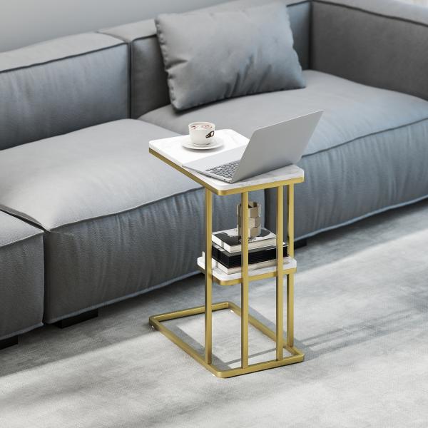 Mesa Auxiliar Estrutura em C Mesa Auxiliar Estreita de 2 Níveis com Prateleira 50x30x57,5 cm Branco Efeito Mármore