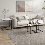Conjunto de 3 Mesas Auxiliares para Sala de Estar com Efeito Mármore e Estrutura de Aço Estilo Moderno Branco e Preto