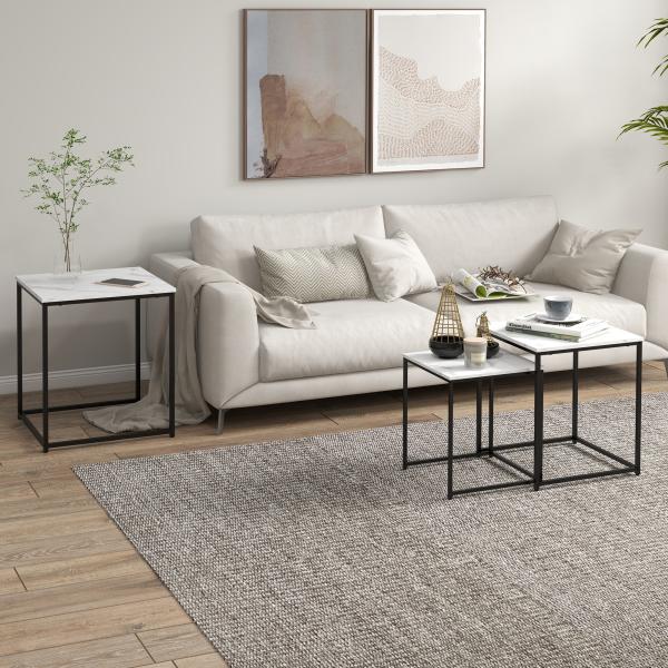 Conjunto de 3 Mesas Auxiliares para Sala de Estar com Efeito Mármore e Estrutura de Aço Estilo Moderno Branco e Preto