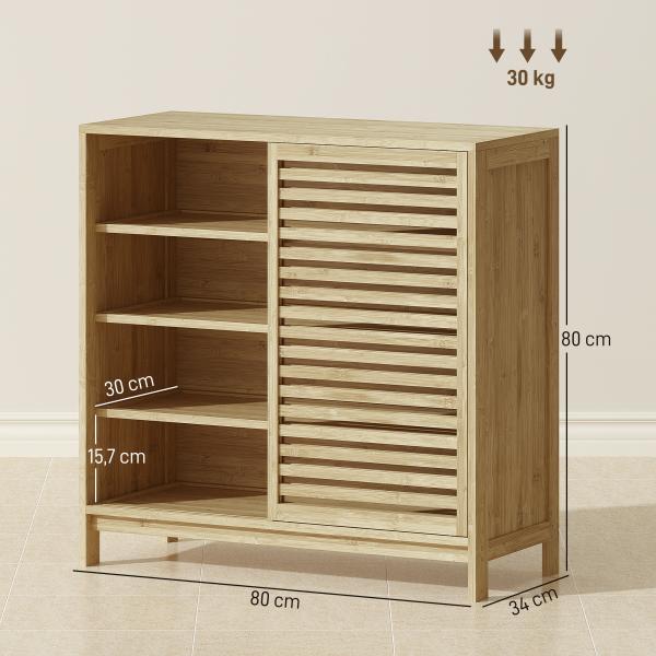 Armário de Casa de Banho em Bambu com 2 Portas de Correr Desenho com Ripas 4 Prateleiras Móvel Auxiliar de Arrumação 80x34x80 cm Madeira