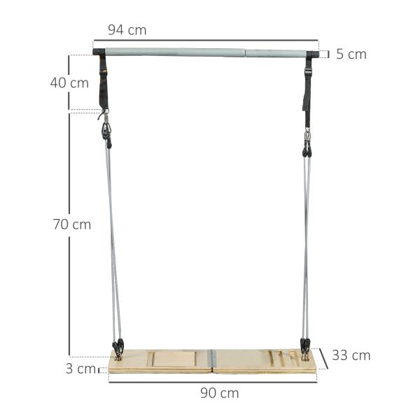 Barra de Pilates com 6 Faixas Elásticas Tábua Inclinada Ajustável para Treino de Corpo Inteiro em Casa 90x33x3 cm Cinza