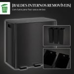 Papelera de Cozinha em Aço Inoxidável com 3 Compartimentos 3x15L com Pedais, Tampas de Fecho Suave e Balde Removível Preto