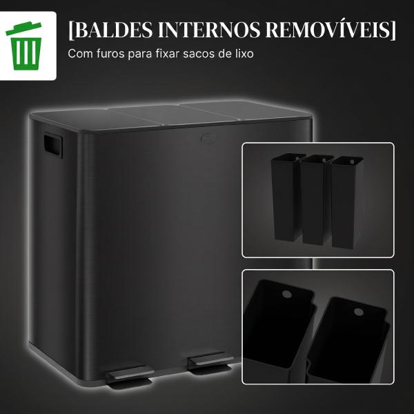 Papelera de Cozinha em Aço Inoxidável com 3 Compartimentos 3x15L com Pedais, Tampas de Fecho Suave e Balde Removível Preto