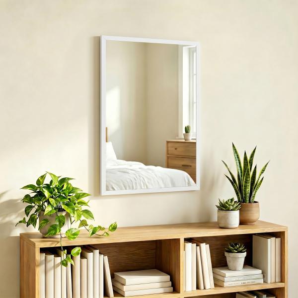 Espelho de Parede Decorativo 50x70 cm Espelho Retangular Espelho de Sala com 4 Ganchos Metálicos Estilo Moderno Branco