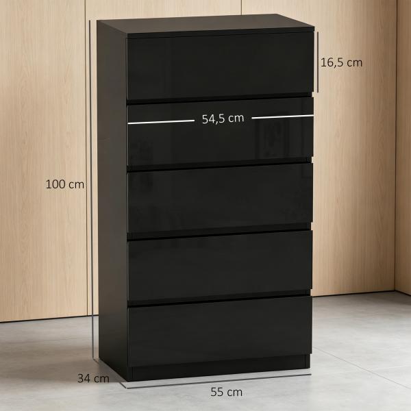 Cómoda com 5 Gavetas de Madeira Cómoda de Dormitório Cómoda Branca para Sala de Estar Estilo Moderno 55x34x100 cm Preto