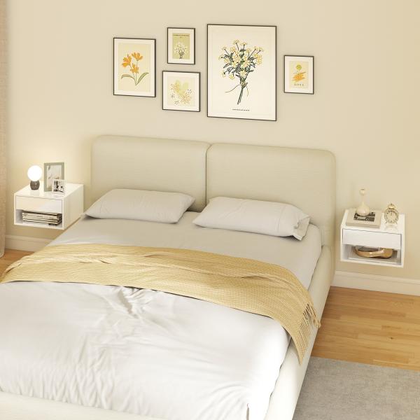 Conjunto de Mesas de Cabeceira Suspensas com Gaveta e Prateleira Aberta 37x32x21 cm Branco Brilhante