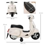 Mota Elétrica Vespa 6V com Farol Buzina e Rodas Auxiliares para Crianças de 18 - 36 Meses Branco 66,5x38x52 cm