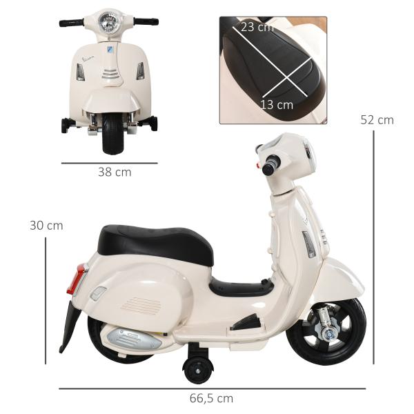 Mota Elétrica Vespa 6V com Farol Buzina e Rodas Auxiliares para Crianças de 18 - 36 Meses Branco 66,5x38x52 cm