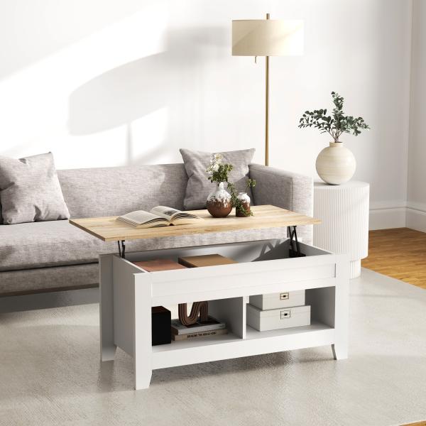 Mesa de Centro com Bancada Elevável 2 Compartimentos Abertos Bancada de Madeira 105x50x49 cm Branco e Madeira