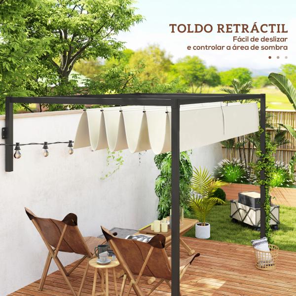 Pérgola de Parede 297x211x220 cm Pérgola de Jardim com Teto Retrátil e Estrutura de Aço Pérgola Creme