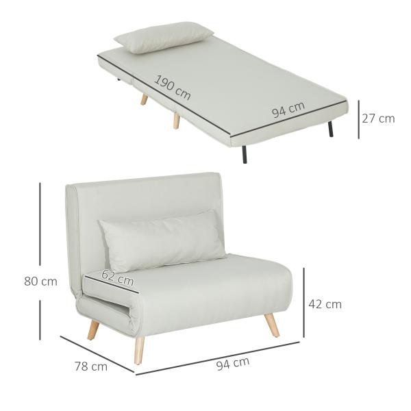 Poltrona 3 em 1 Sofá Cama Individual Dobrável com Encosto Ajustável em 6 Posições e Almofada 94x78x80 cm Bege