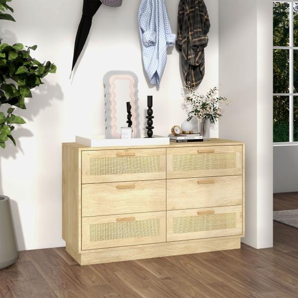 Cómoda para Quarto Cómoda de Madeira com 6 Gavetas de Vime Estilo Boêmio para Corredor Escritório 110x40x69 cm Carvalho