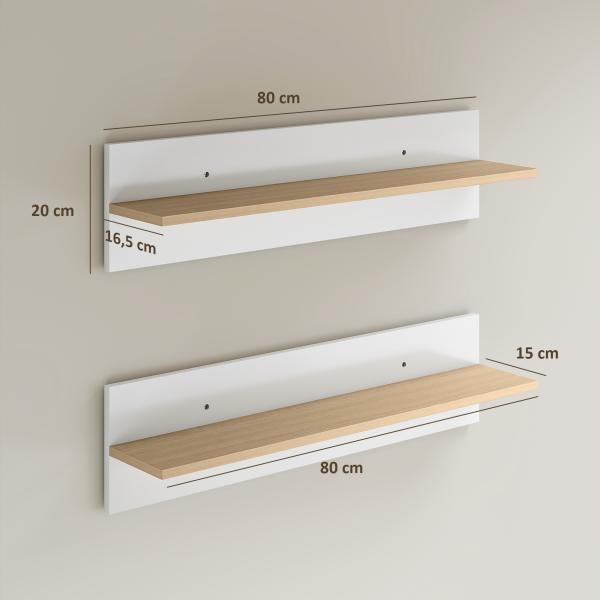 Conjunto de 2 Prateleiras Flutuantes de Parede 80 cm para Sala, Entrada ou Quarto, Carga 3 kg, Branco e Natural