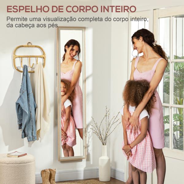 Espelho de Pé 37x157 cm Espelho de Corpo Inteiro com Estrutura de MDF e Suporte Branco e Madeira Clara