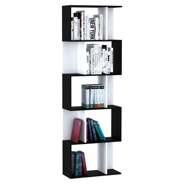 Estante para Livros Estante Alta de Parede com 5 Níveis em Forma de S Desenho Moderno 60x24x184,5 cm Branco e Preto