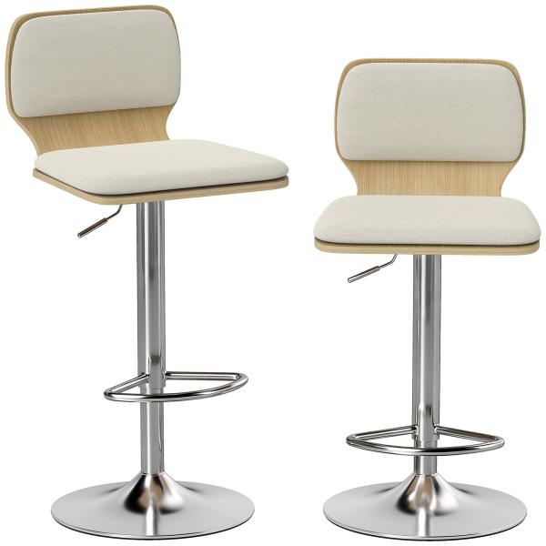 Conjunto de 2 Bancos de Bar Giratórios com Altura Ajustável Estofados em Tecido Tipo Linho com Base em Aço 41x47,5x81 - 102 cm Bege