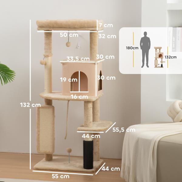 Arranhador para Gatos Grande Altura 132 cm com Plataformas Postes com Escova Bolas Suspensas e Almofadas para Arranhar Bege