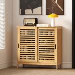 Sapateira de Bambu com 2 Portas de Correr de Ripas Sapateira de Entrada com Prateleiras Ajustáveis para 16 Pares de Sapatos 80x35x80 cm Madeira