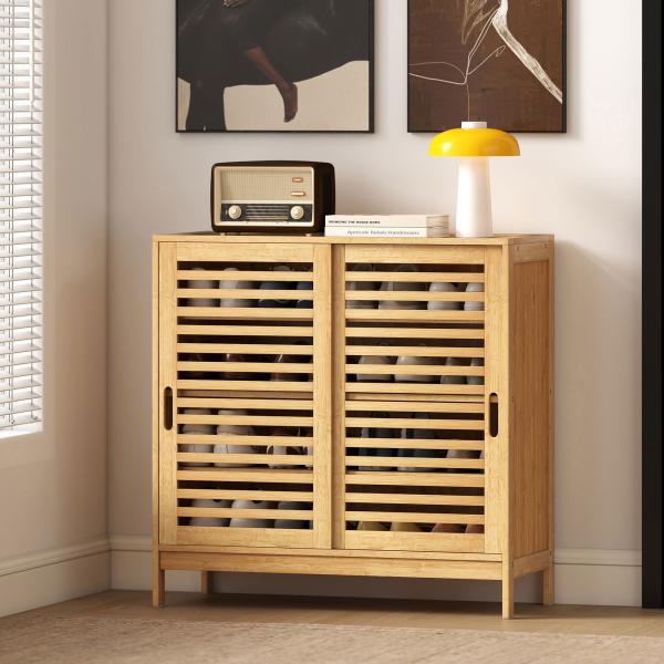 Sapateira de Bambu com 2 Portas de Correr de Ripas Sapateira de Entrada com Prateleiras Ajustáveis para 16 Pares de Sapatos 80x35x80 cm Madeira