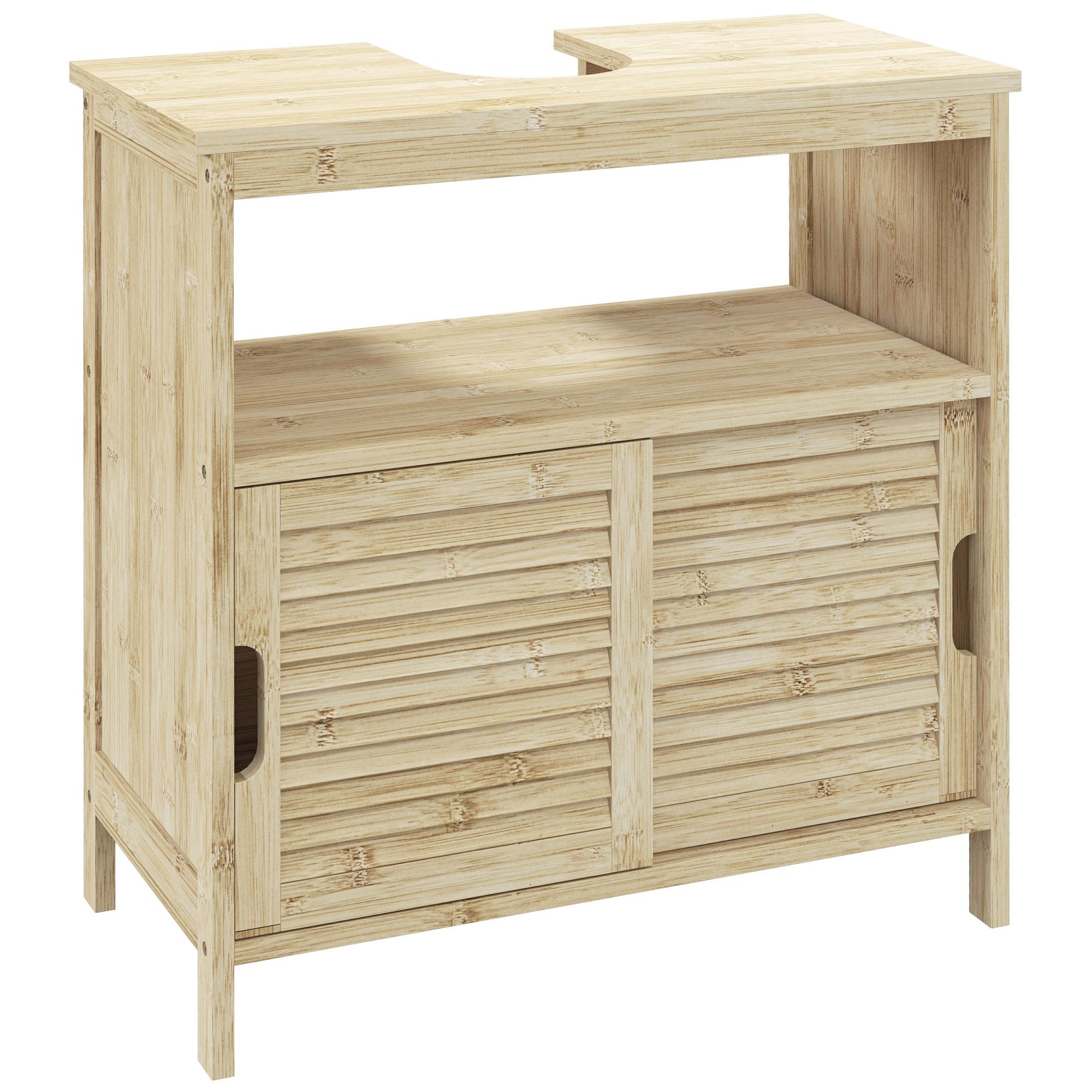 Móvel para Lavatório Pousar em Bambu com Portas Deslizantes de Ripas Compartimento Aberto 60x30x60 cm Madeira