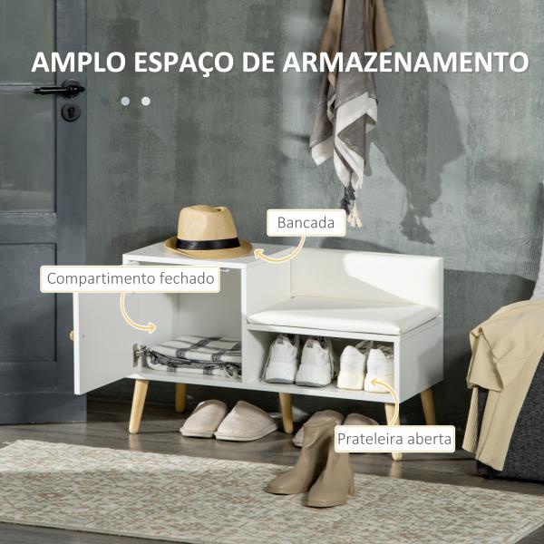 Banco Sapateira com Compartimento Aberto e Almofada Acolchoada para 4 Pares de Sapatos 80x33x49cm Branco