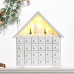 Calendário de Advento de Natal Madeira com 24 Gavetas e Luzes LED Decoração de Natal Modelo Casinha 39x9x42cm Branco