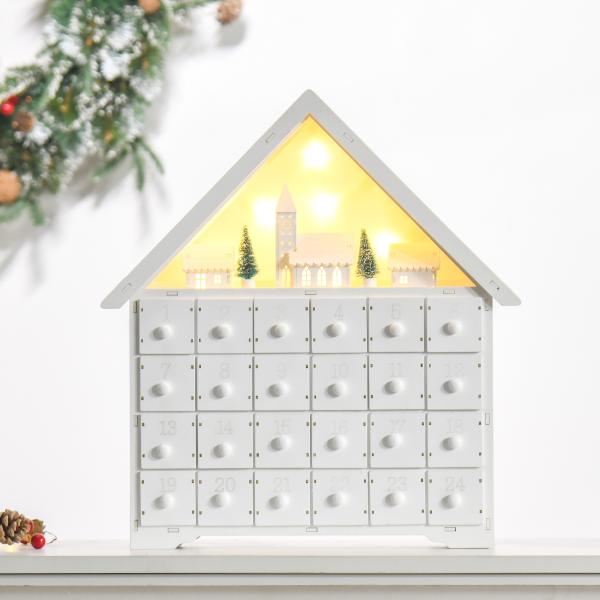 Calendário de Advento de Natal Madeira com 24 Gavetas e Luzes LED Decoração de Natal Modelo Casinha 39x9x42cm Branco