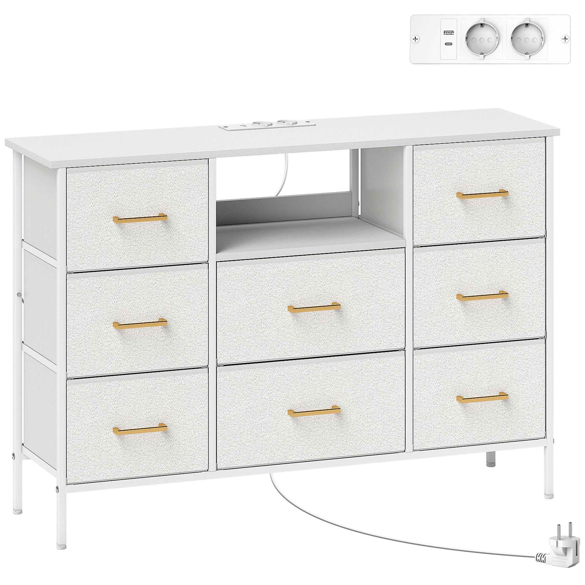 Cómoda com 8 Gavetas Estofada em Borreguito com Estação de Carga Porta USB Tipo - C e Estrutura de Aço 110x30x76 cmCreme