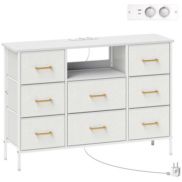 Cómoda com 8 Gavetas Estofada em Borreguito com Estação de Carga Porta USB Tipo - C e Estrutura de Aço 110x30x76 cmCreme