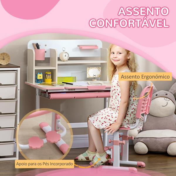 Conjunto de Secretária e Cadeira para Crianças com Altura Ajustável e Bancada Inclinável 80x52x88x109cm e 35,5x44,5x66 - 80cm Rosa