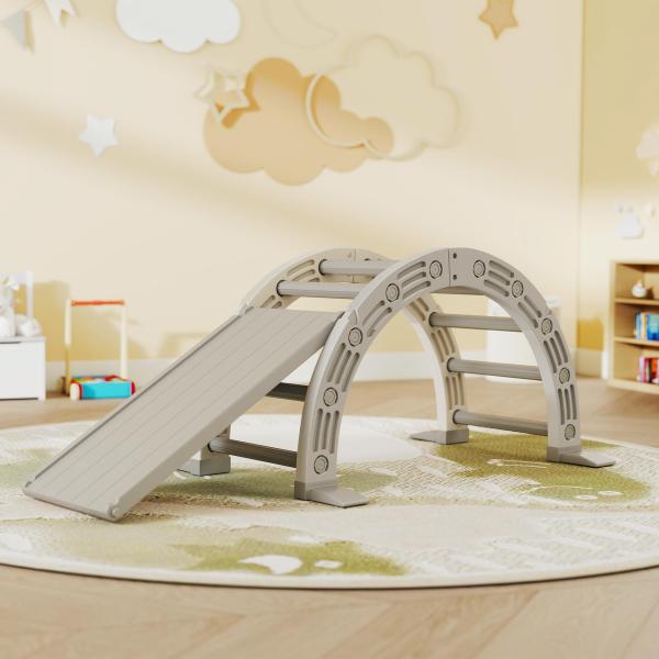 Escalada para Crianças de 18 - 48 Meses 4 em 1 com Arco de Escalada Baloiço Rampa e Escorrega 164x70x57 cm Cinza e Branco