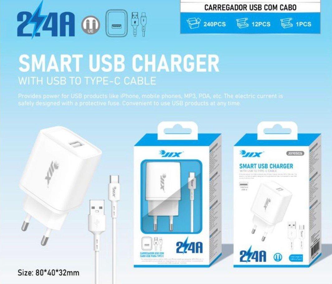 Carregador USB 2.4A com Cabo USB para Type-C