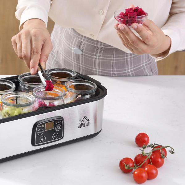 Iogurteira 30W Volume 1,44L com 8 Frascos de Cristal de 180ml Termostato Ajustável Temporizador de 1 - 48 Horas e Desligado Automático 36x18,8x14cm Prata