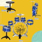 Bateria Infantil com Banco Bateria para Crianças acima de 3 Anos com Pedal e Baqueta Desenho de Estrelas 65x22x57 cm Azul