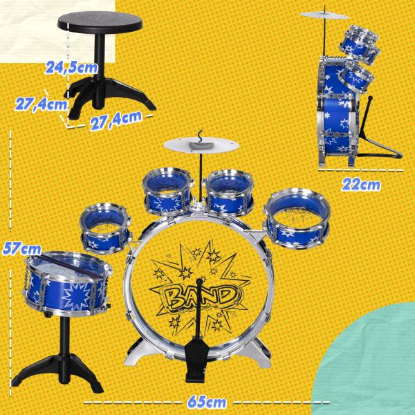 Bateria Infantil com Banco Bateria para Crianças acima de 3 Anos com Pedal e Baqueta Desenho de Estrelas 65x22x57 cm Azul