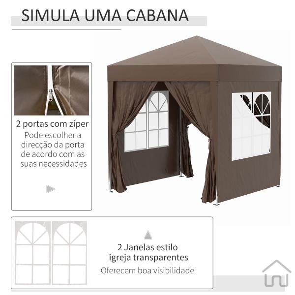 Tenda Dobrável 2x2 m Tenda de Jardim com 4 Paredes Laterais Tecido Oxford 2 Portas 2 Janelas e Bolsa de Transporte Marrom