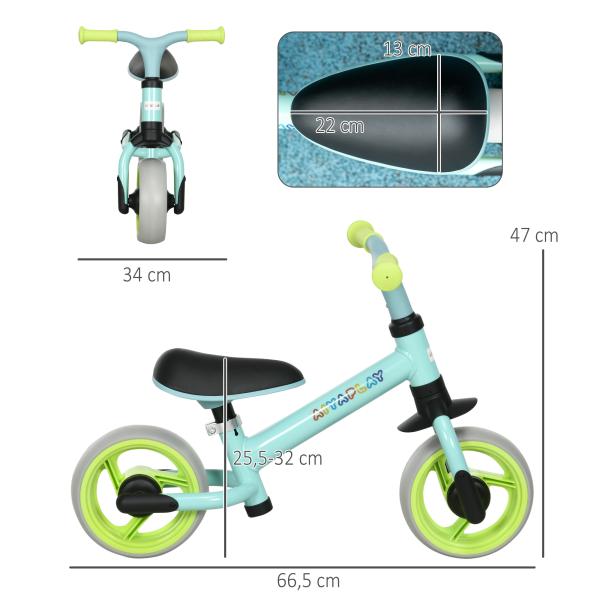 Bicicleta sem Pedais para Crianças de 18 - 48 Meses Bicicleta de Equilíbrio com Assento Ajustável em Altura 66,5x34x47 cm Verde