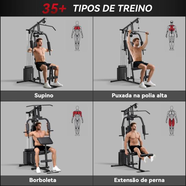 Máquina de Musculação com Pesos Ajustáveis de 45 kg, Press de Peito e Pernas, Polia, 135x103x200 cm, Preto