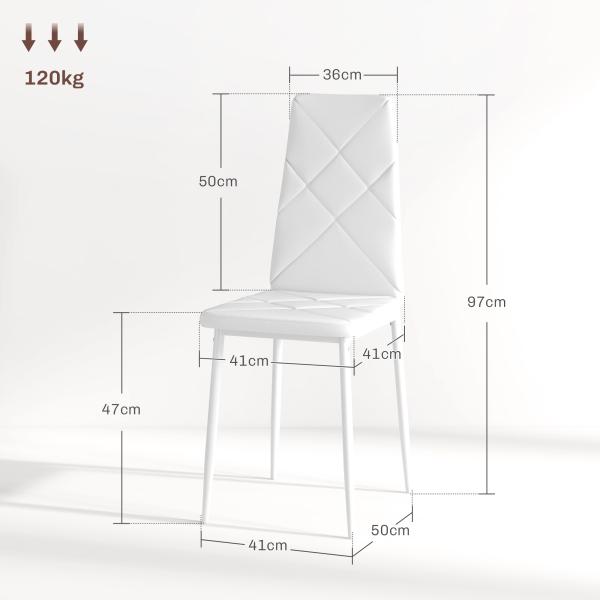 Conjunto de 6 Cadeiras de Sala de Jantar Estofadas em Couro Sintético com Encosto Alto e Pés de Aço 41x50x97 cm Branco