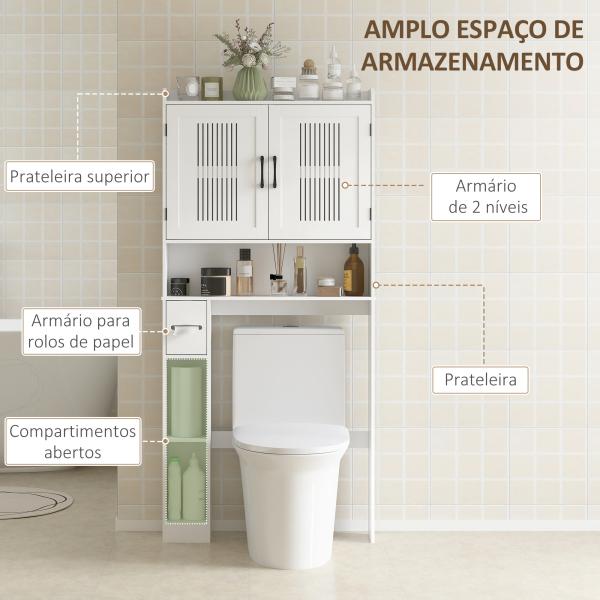 Armário sobre Sanita com Prateleira Ajustável 2 Portas Suporte para Papel Higiênico Armário para Máquina de Lavar 80x19,5x170 cm Branco