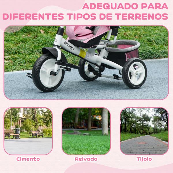 Triciclo para Bebés Evolutivo com Capota Dobrável Guiador Telescópico e Removível Bolsa e Porta - Garrafas 102x49x102 cm Rosa