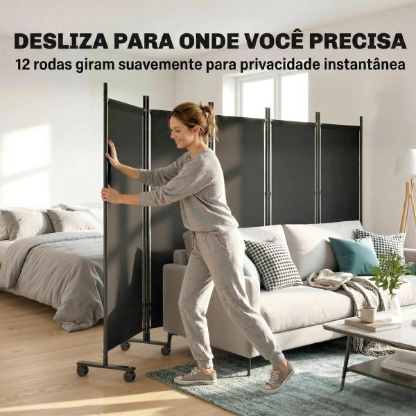 Biombo Dobrável de 5 Painéis com 12 Rodas 252x170 cm Biombo Separador de Ambientes Preto
