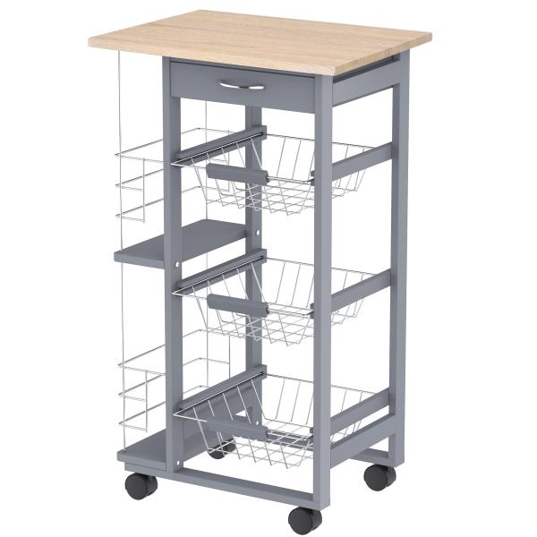 Carrinho Auxiliar com Rodas Carrinho de Cozinha com 3 Cestos Metálicos Gaveta 2 Suportes 47x37x83 cm Cinzento