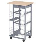 Carrinho Auxiliar com Rodas Carrinho de Cozinha com 3 Cestos Metálicos Gaveta 2 Suportes 47x37x83 cm Cinzento