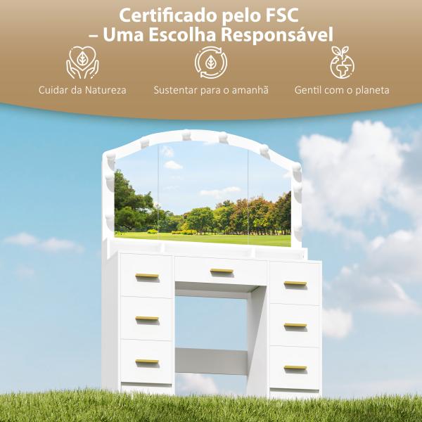 Toucador com 10 Luzes LED de 3 Cores Toucador de Maquilhagem com Espelho 7 Gavetas 3 Compartimentos Moderno 110x40x150 cm Branco