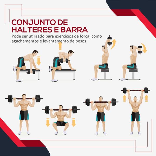 Conjunto de halteres 2 em 1 25 kg com barra ajustável Treinamento de força e levantamento de peso para ginasio preto