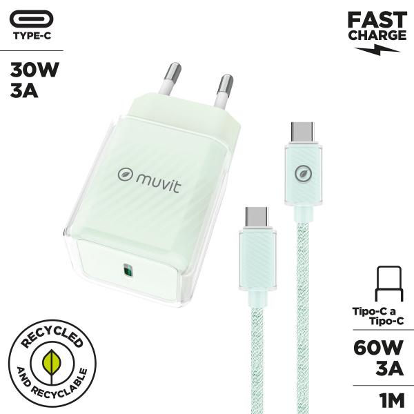 Carregador de Parede + Cabo USB-C Muvit for Change  Glass GaN Verde