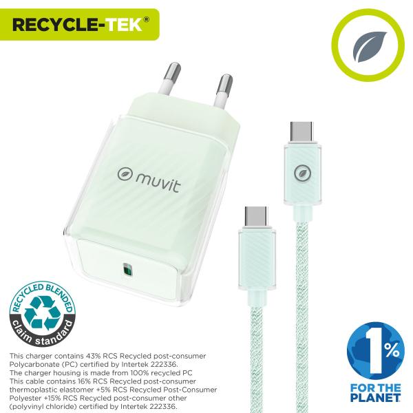 Carregador de Parede + Cabo USB-C Muvit for Change  Glass GaN Verde