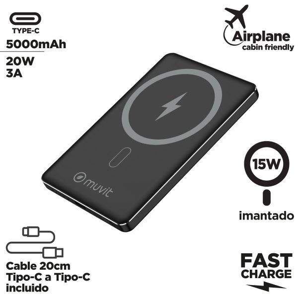 Powerbank Muvit for Change Preto Alumínio 5000 mAh